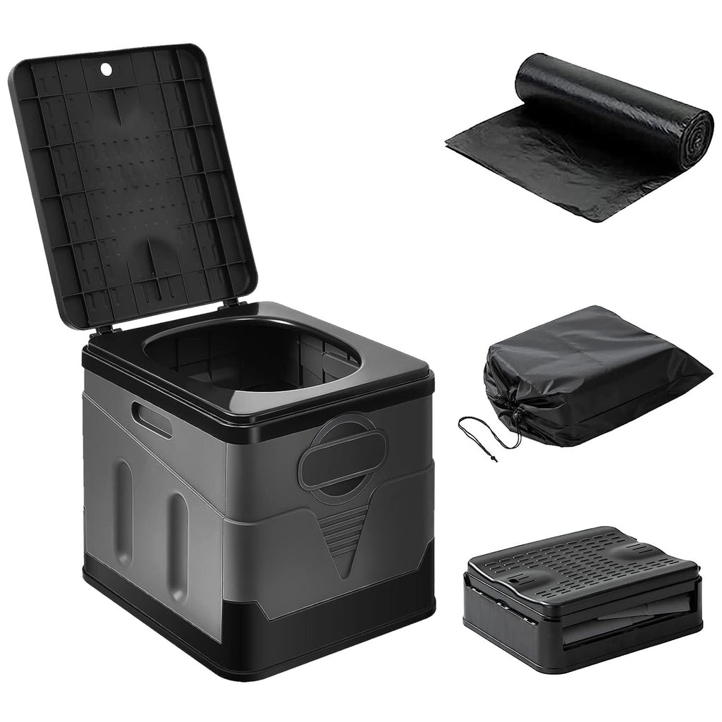 Grey portable camping toilet with open lid and included trash bag roll and liner