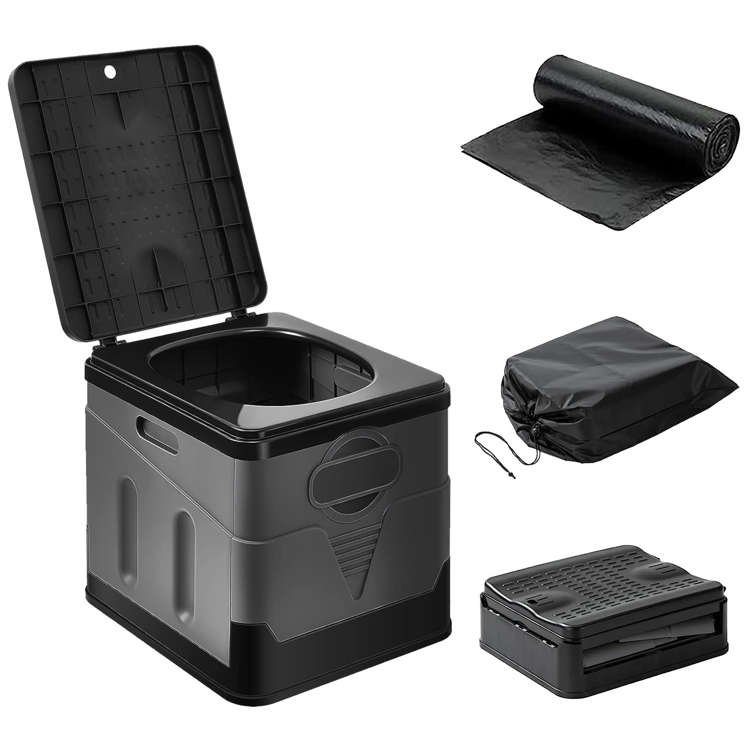Grey portable camping toilet with open lid and included trash bag roll and liner