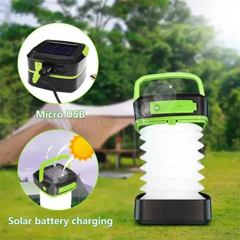 Green and black solar camping lantern with solar battery charging port and cable connected