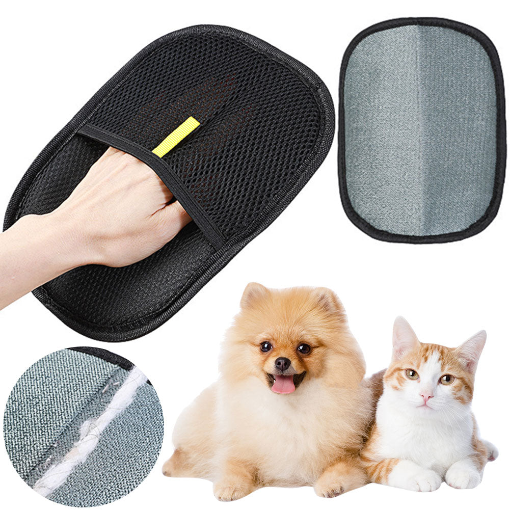 Pet hair remover grooming glove with black mesh outer and gray deshedding pad