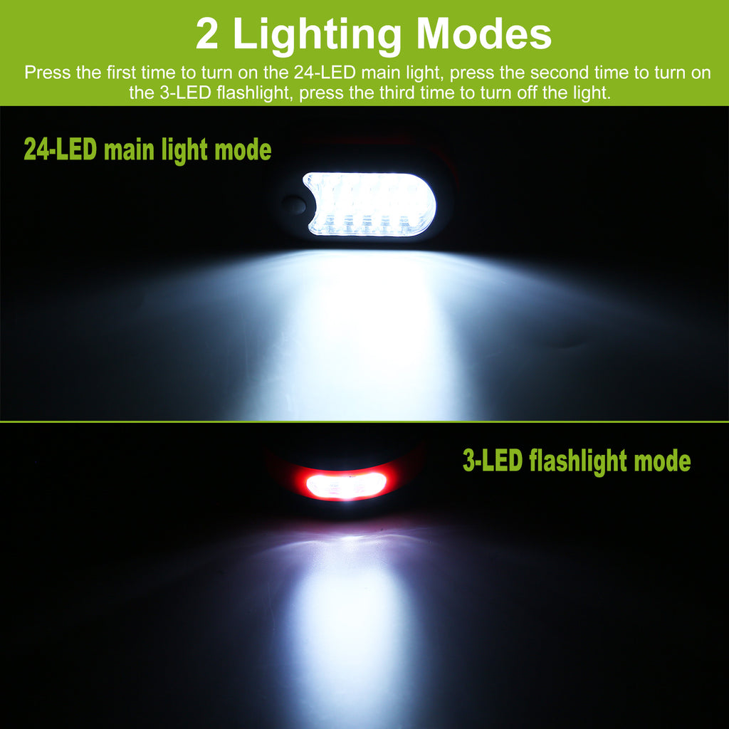 LED work light showing two modes: bright white beam and red glow at the front