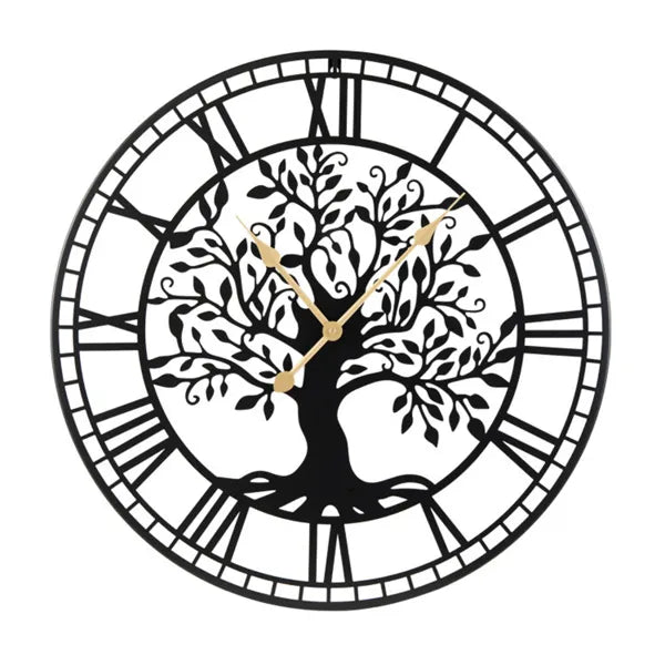 Tree of Life wall clock featuring a circular tree design, Roman numerals, and gold hands