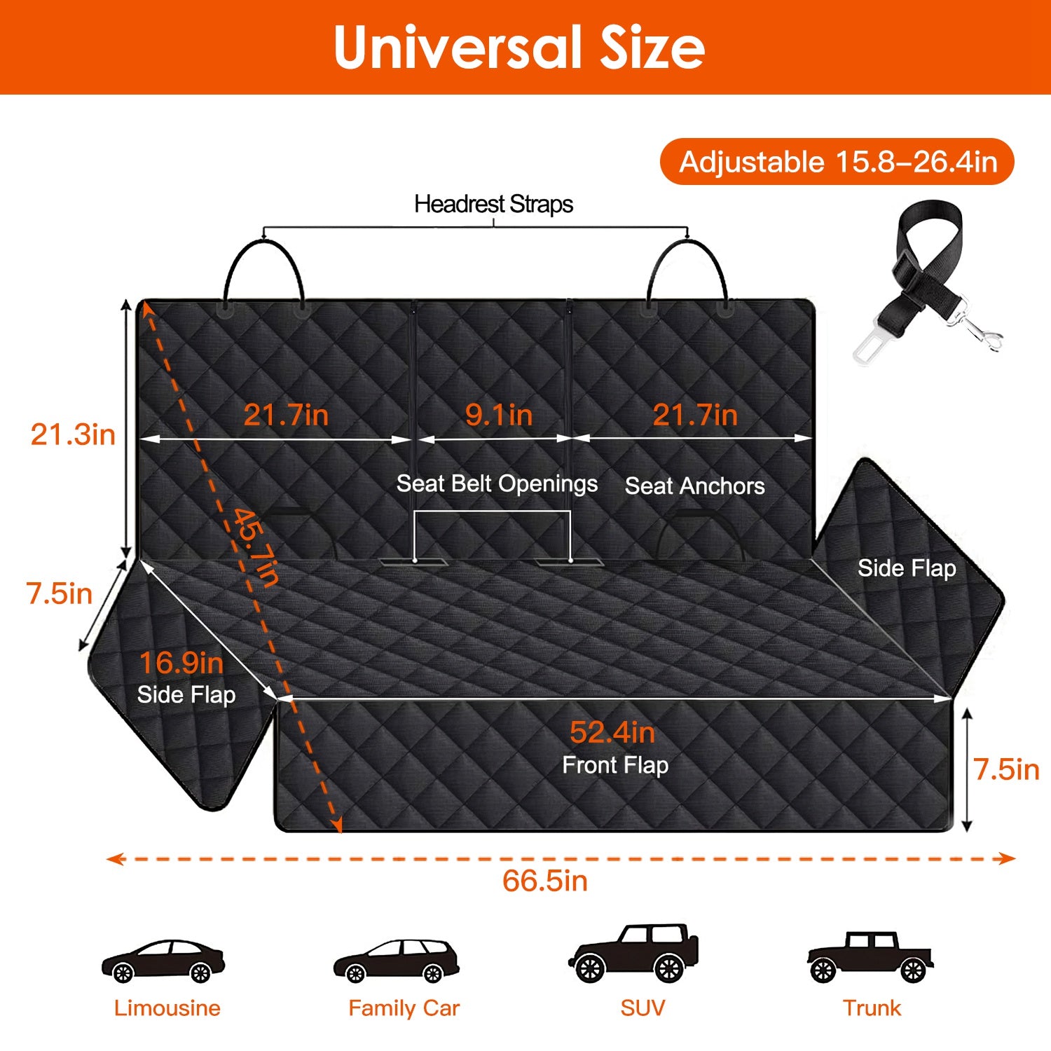 Black car seat cover diagram with seat belt openings, side flap, and anchor points