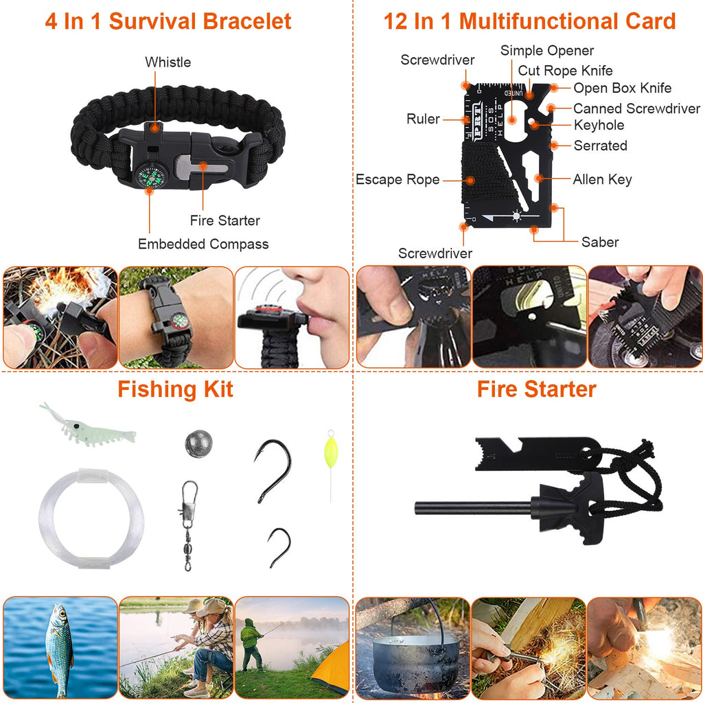 Survival bracelet and multifunction card with fire starter and fishing accessories