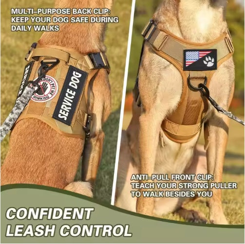 Tan dog harness vest with front anti-pull clip and Y-strap chest control