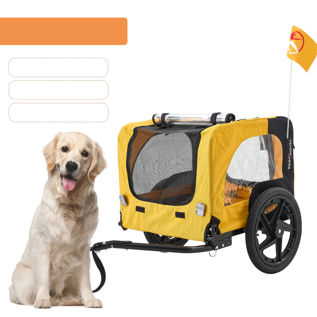 Yellow dog bike trailer with front wheel, mesh windows, and canopy