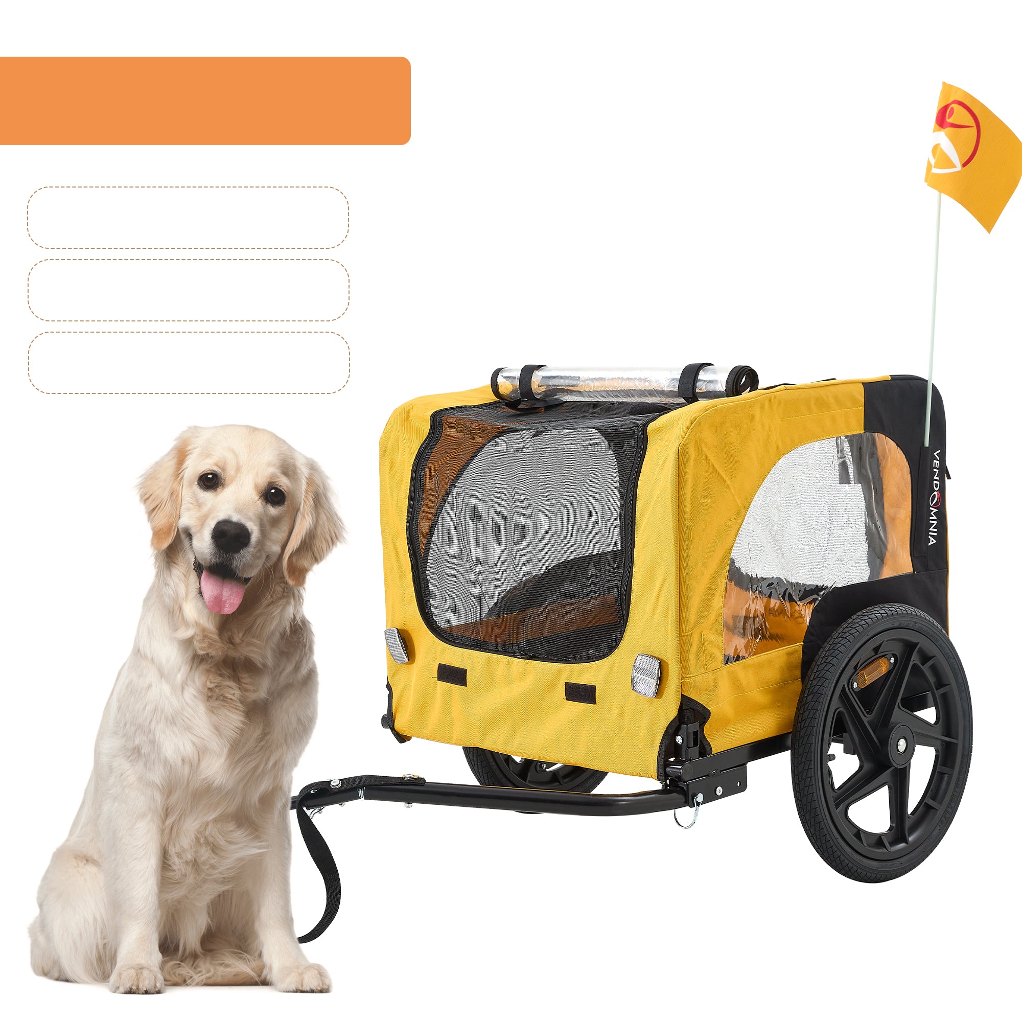 Yellow dog bike trailer with front wheel, mesh windows, and canopy
