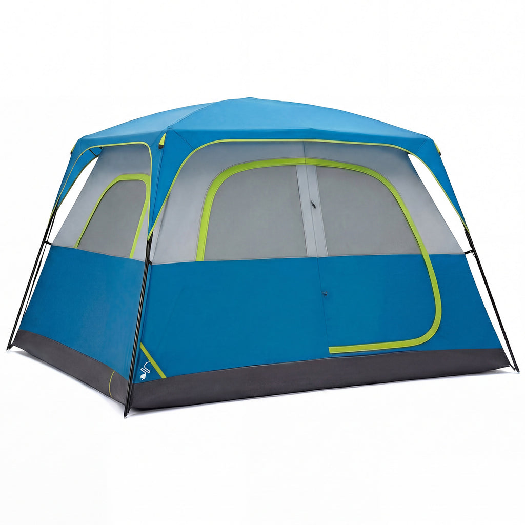 Dark blue and gray 6-person camping tent with two large side doors and mesh windows