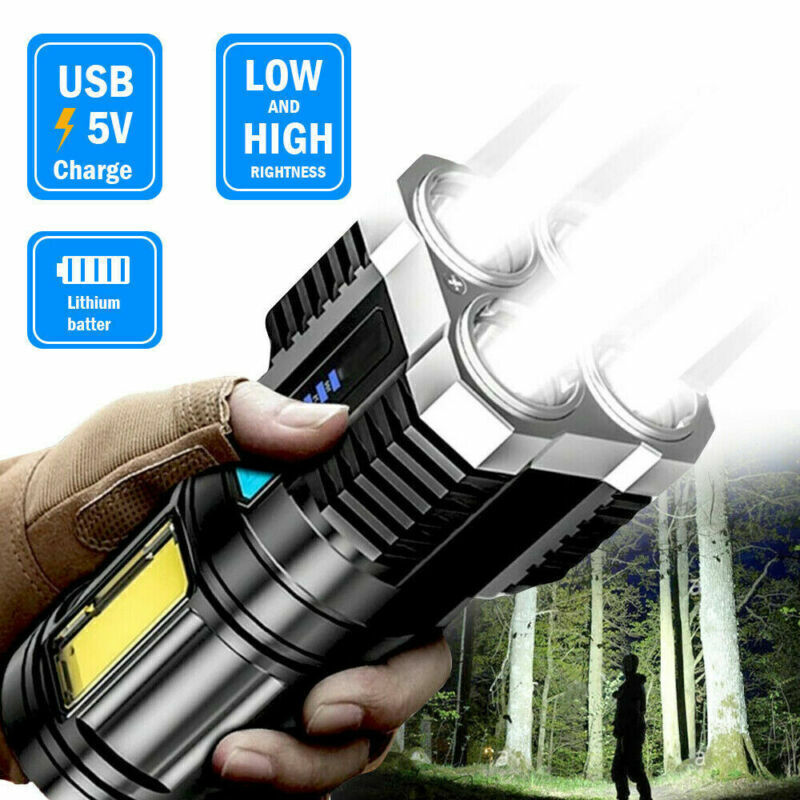 Black tactical flashlight with USB charge and low/high mode icons on panel