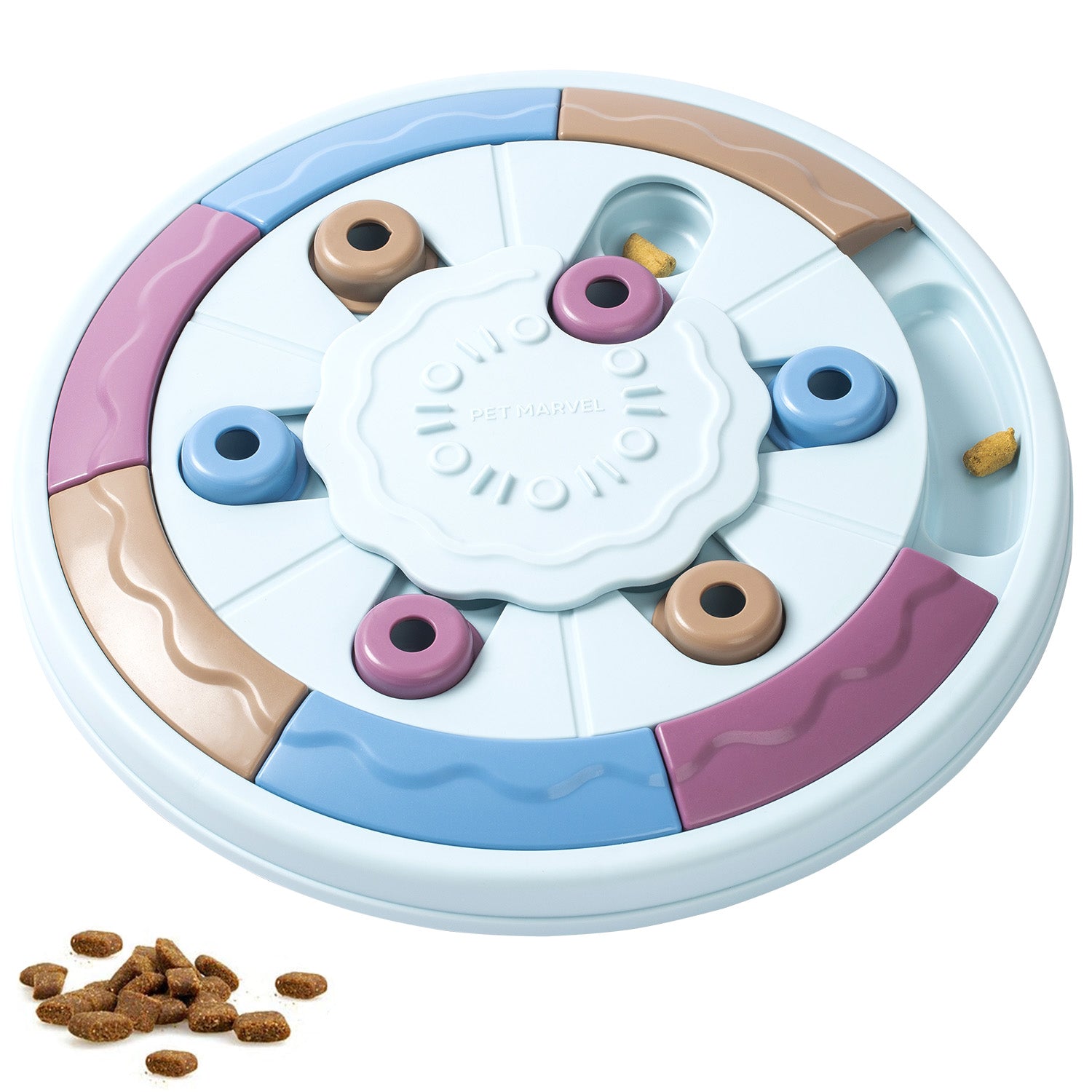 Round dog puzzle slow feeder with paw-shaped spinner and molded star/bone compartments