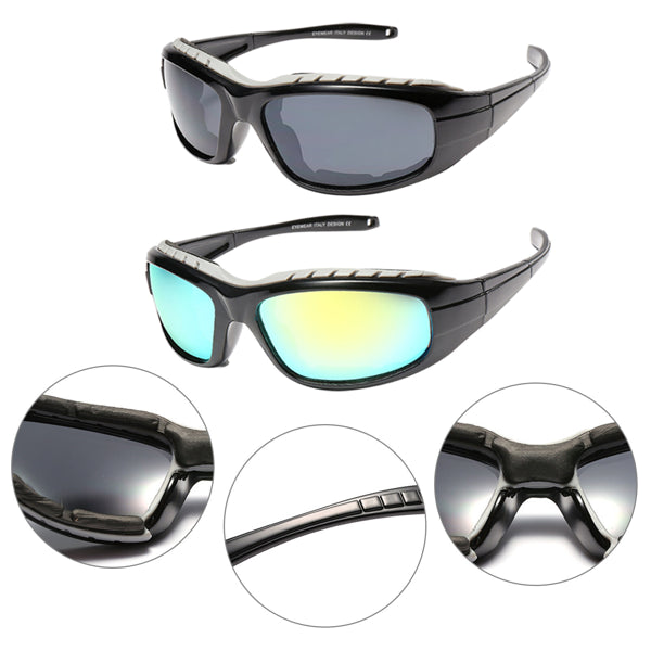 Motorcycle riding glasses with gray frame and mirrored lenses, close-up detail