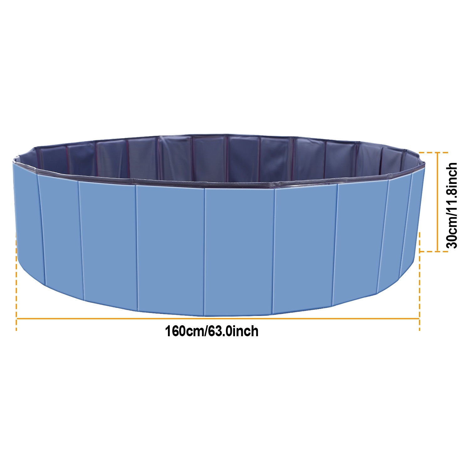 Blue foldable pet swimming pool with dark blue rim, 160 cm diameter and height markers