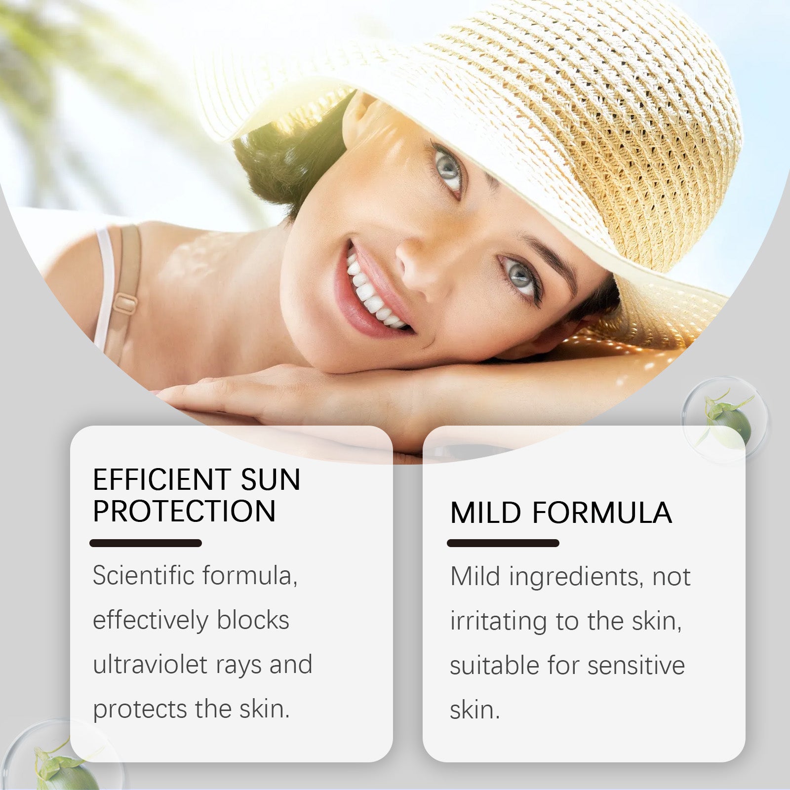 Sun protection and mild formula callouts for SPF 30 antioxidant sunscreen