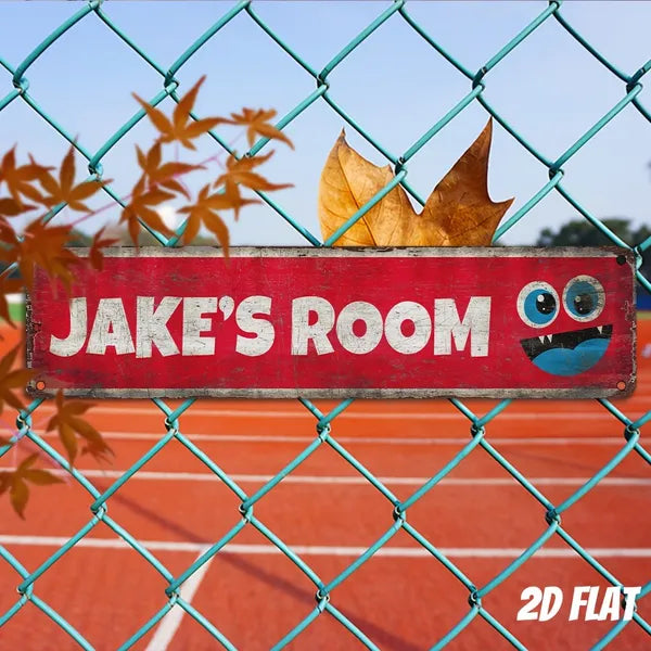 Aluminum decorative sign, red metal rectangle with “JAKE'S ROOM” and blue owl face