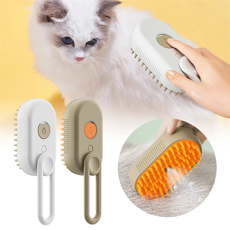 Pet grooming brush set in white and milk brown with orange bristles, handheld