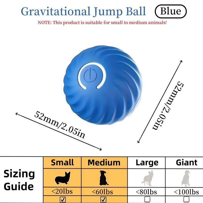 Blue gravitational jump ball toy, textured shell with size guide