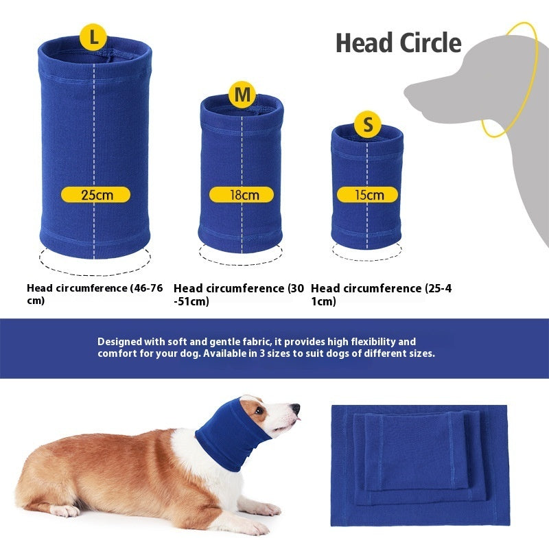 Blue dog headband scarf, ribbed knit roll, shown with sizing markers
