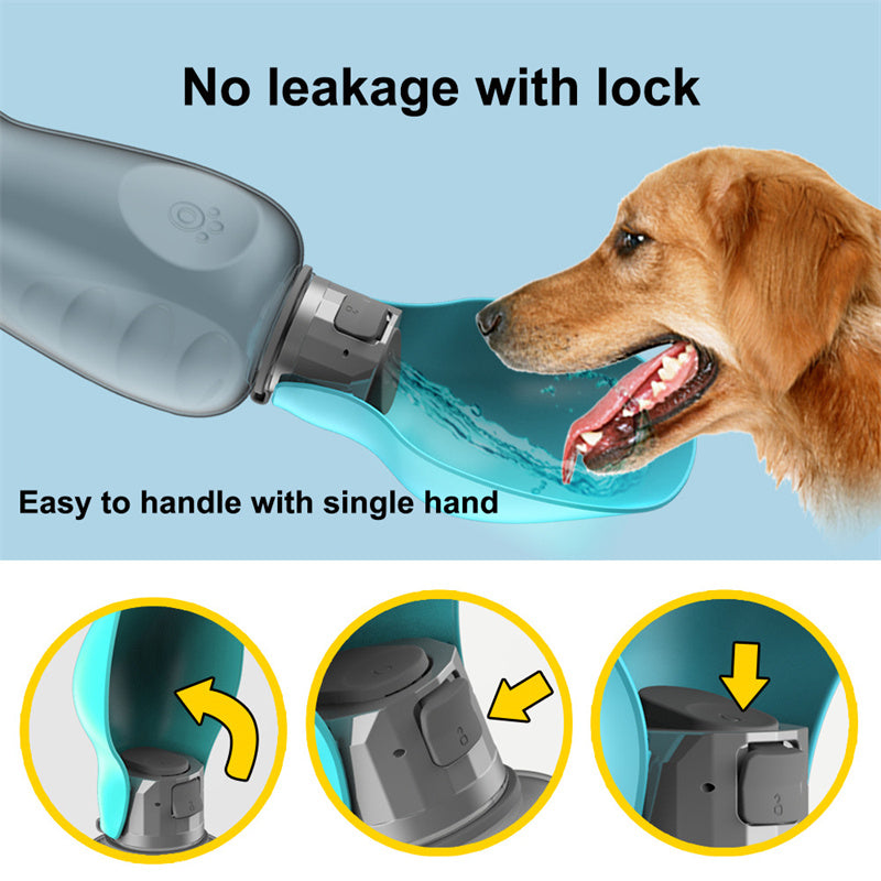 Foldable dog water bottle with teal fold-out bowl spout extended over drinking stream