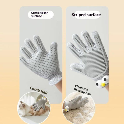 Gray pet grooming glove with comb teeth and striped silicone surface for shedding hair