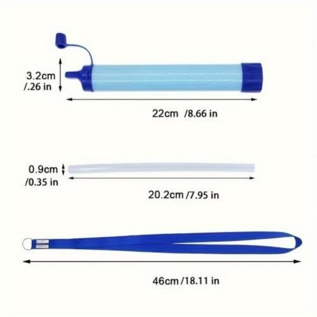 Blue portable water filter length diagram with hose and cap components