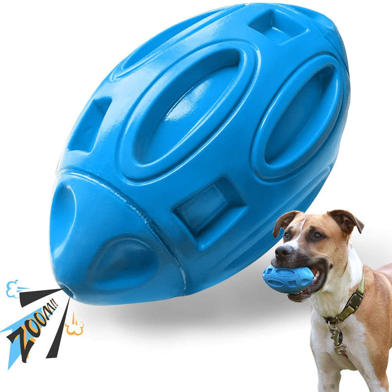Blue squeaky rubber rugby dog toy ball with raised grip patterns