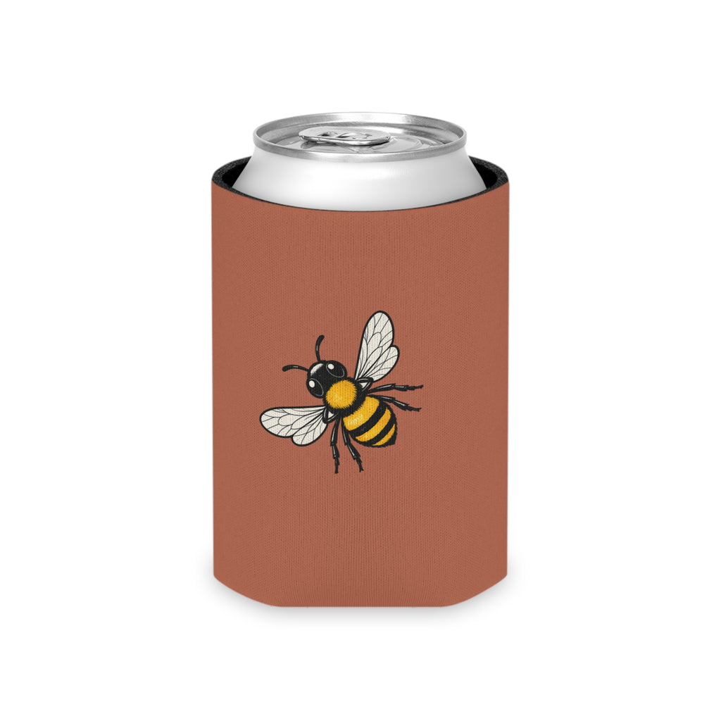 Rust can cooler sleeve with bee illustration on front