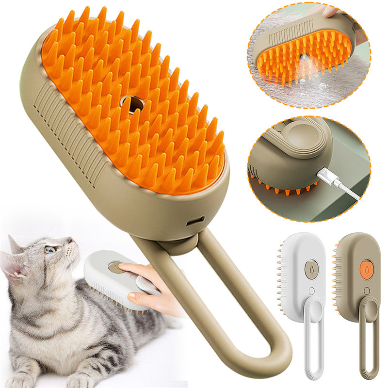Milk brown pet grooming brush with orange rubber bristles and extended handle