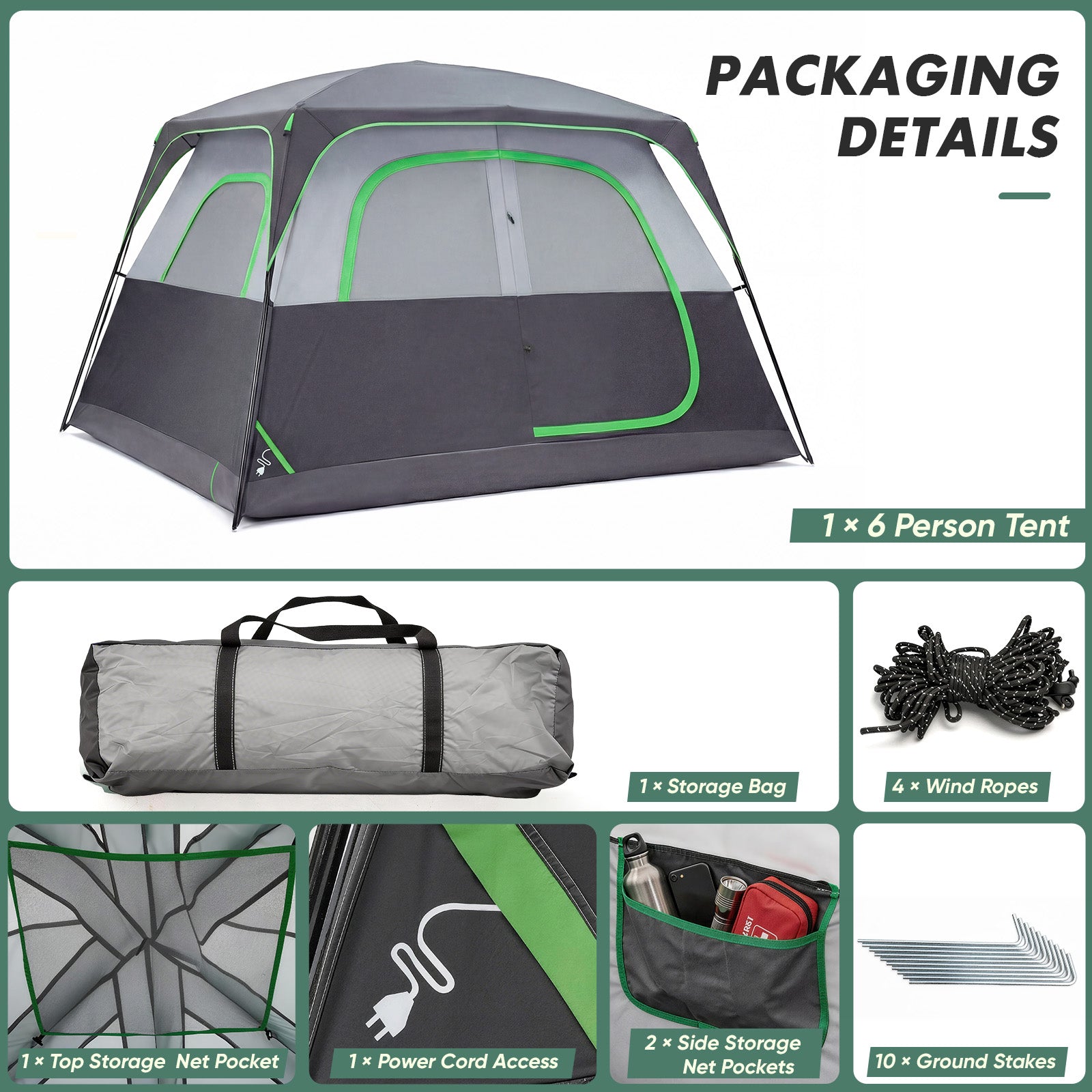 Green-edged dark 6-person camping tent with two side entry doors and mesh panels