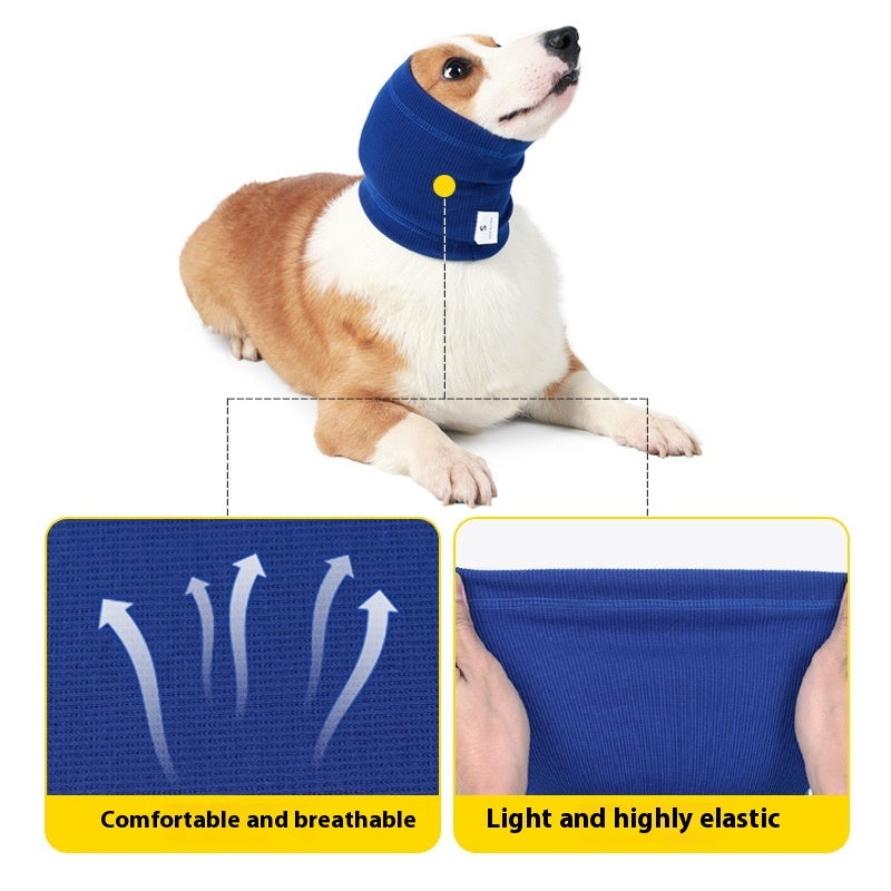 Blue dog headband scarf, ribbed knit, fitted over ears and neck