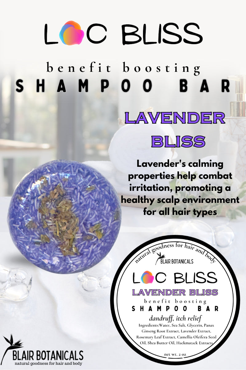 Lavender-scented solid shampoo bar, round purple with speckled texture