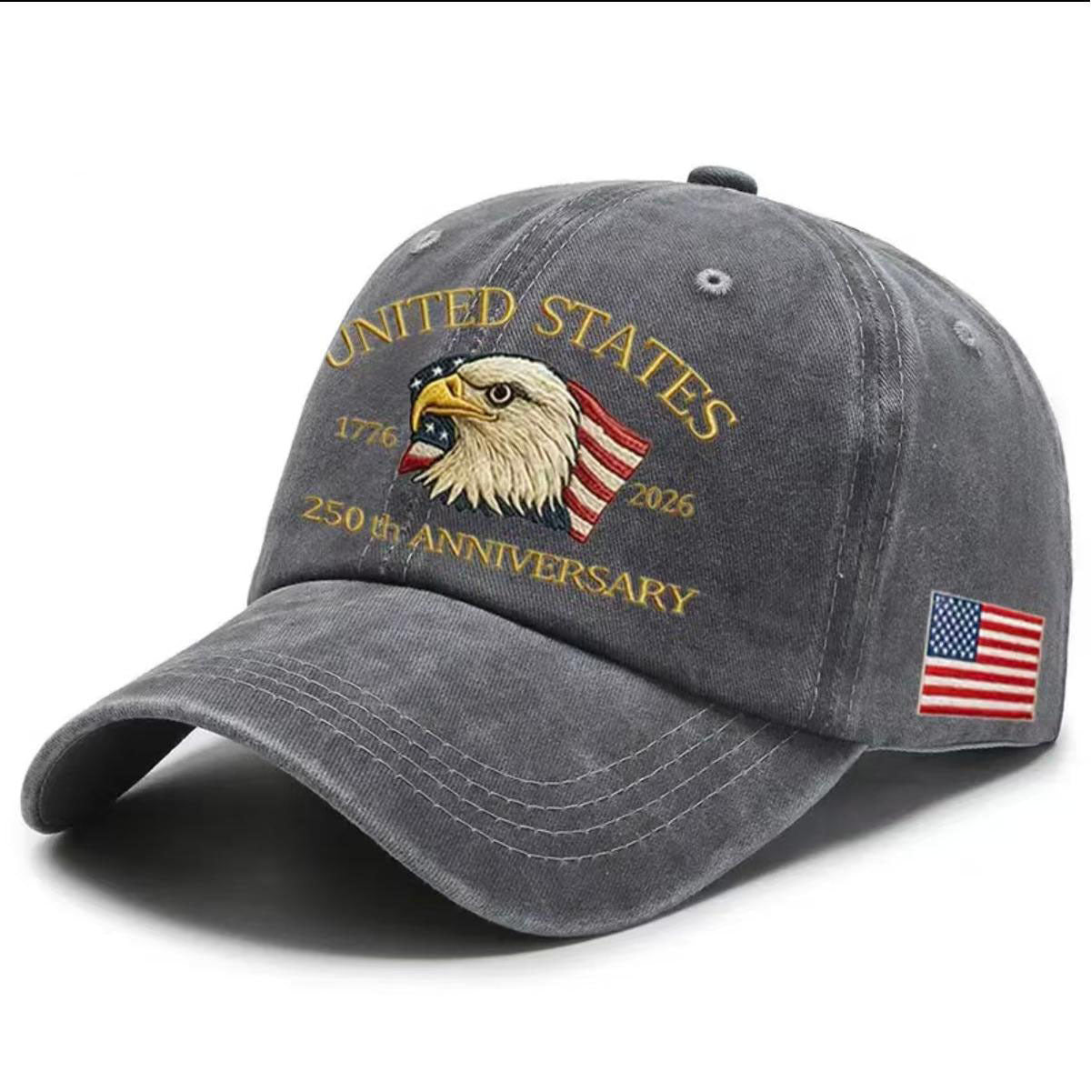 Washed canvas dad hat in gray with “United States” eagle anniversary graphic and flag side patch