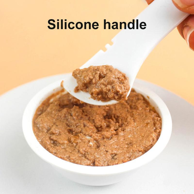 Pet food can spoon with paw-shaped handle and pink lid opener scoop