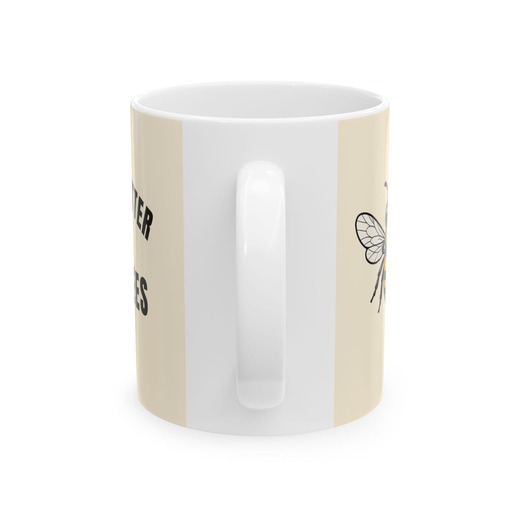 Cream ceramic coffee cup with bee icon and blank vertical panel
