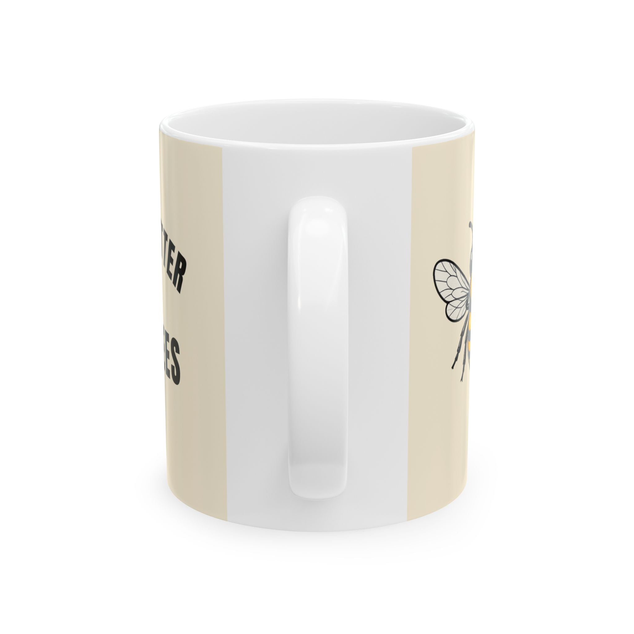 Cream ceramic coffee cup with bee icon and blank vertical panel
