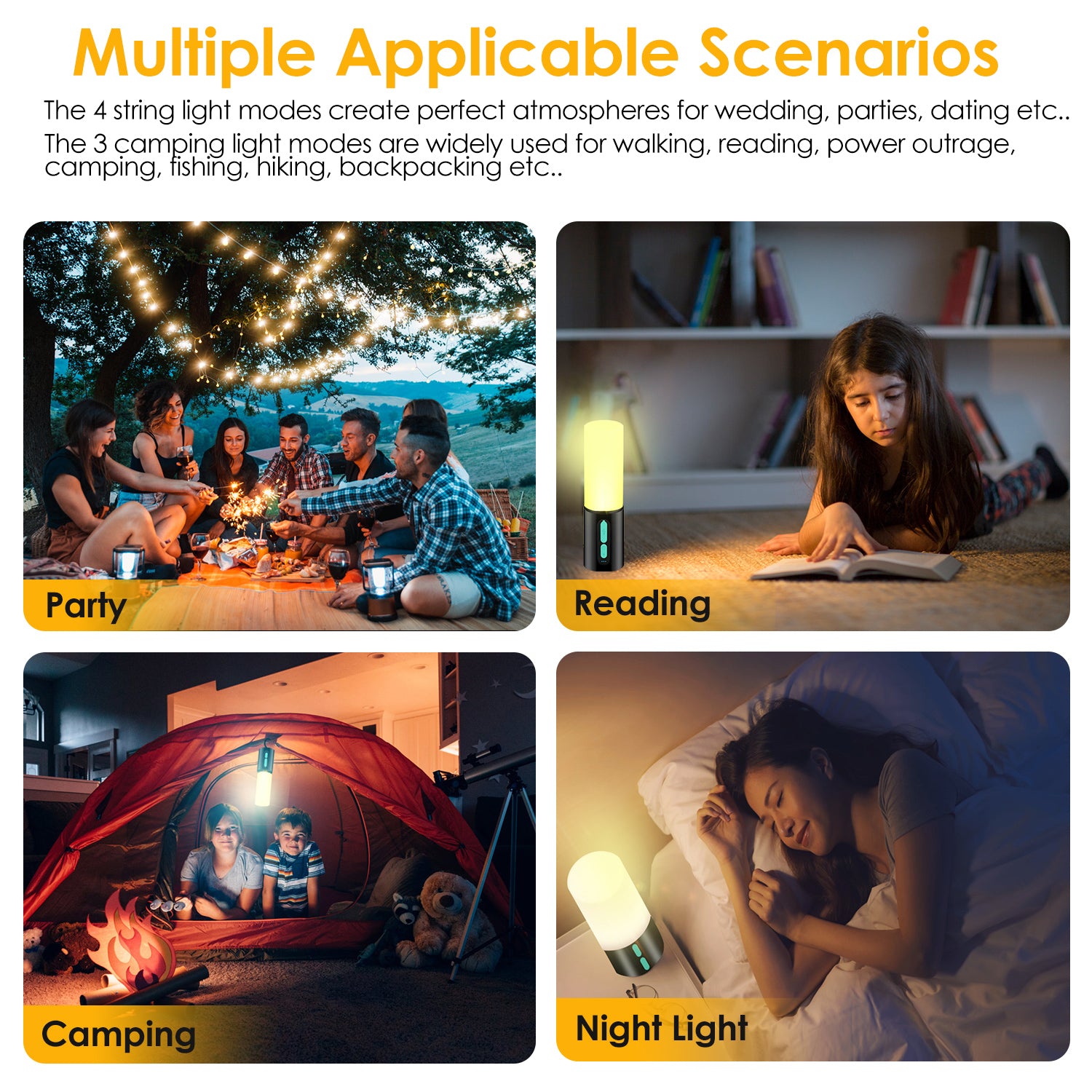 Warm LED string light strands with small lantern glowing in a lifestyle layout