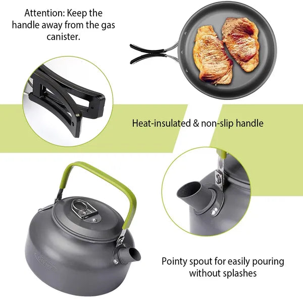 Grey kettle with green heat-insulated handle and pointed spout, plus pan with handle