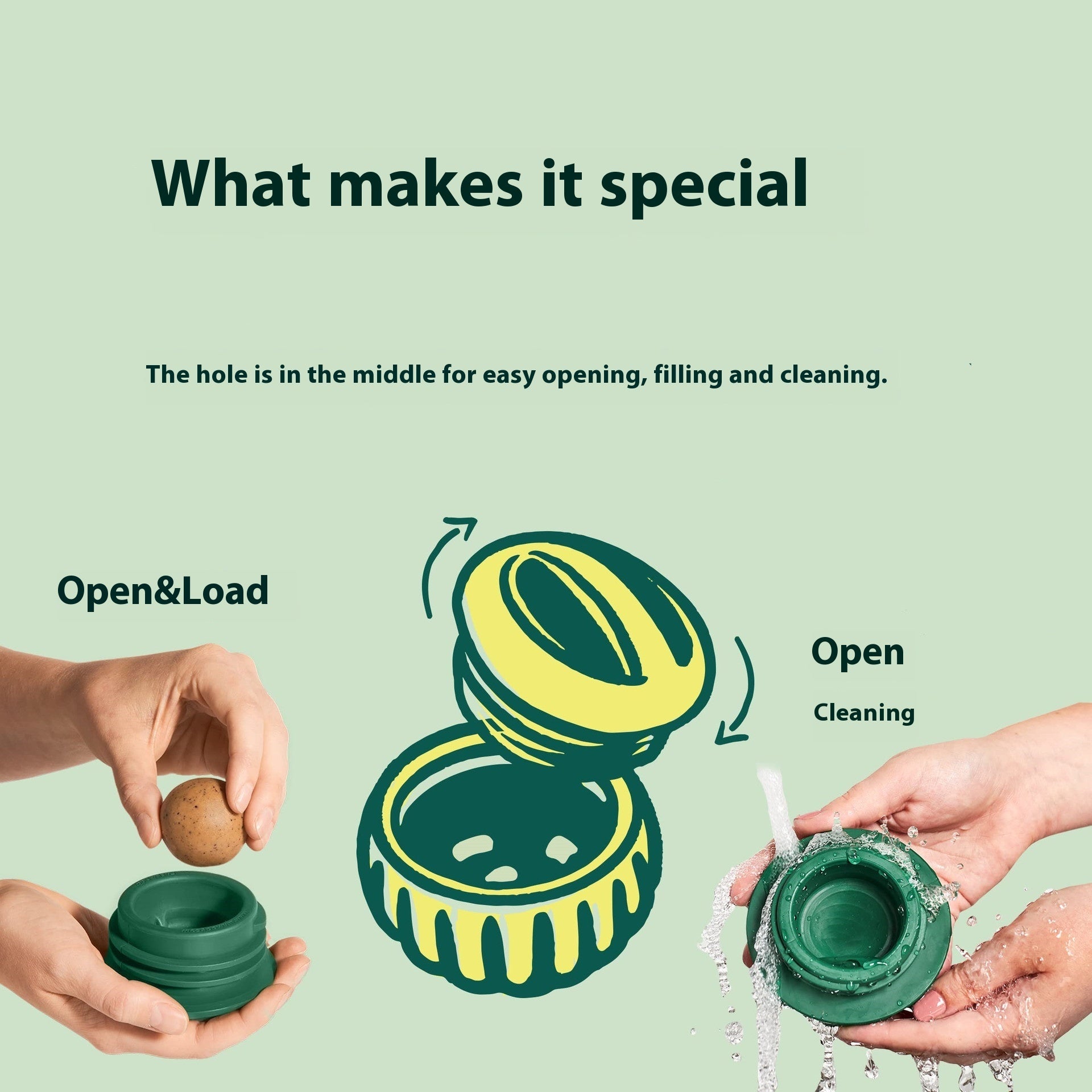 Green silicone slow feeder ball shown open for filling and cleaning
