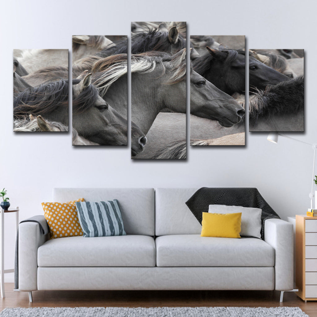 5-piece canvas wall art with grayscale black horse head close-up, split panel design