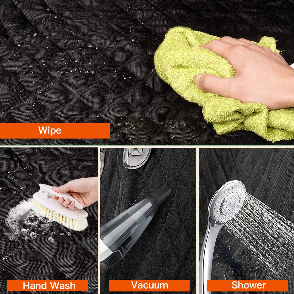 Black quilted waterproof fabric panel being wiped with a green cloth