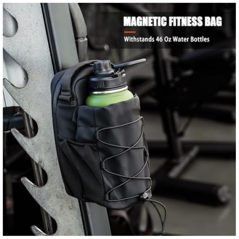 Black magnetic fitness bag with bottle holder, secured by front strap loops