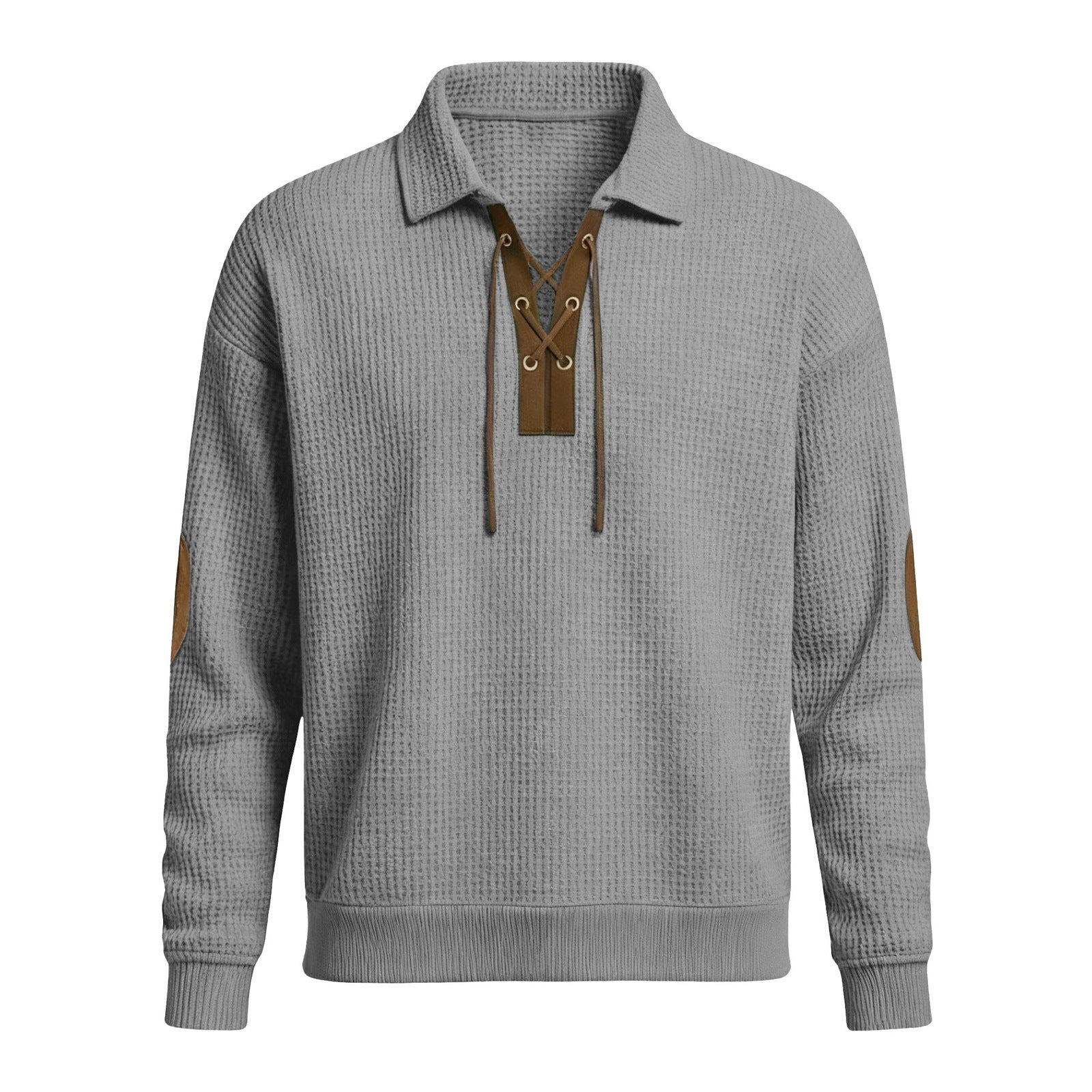 Men's oversized knit sweatshirt, gray collared hood with drawstrings