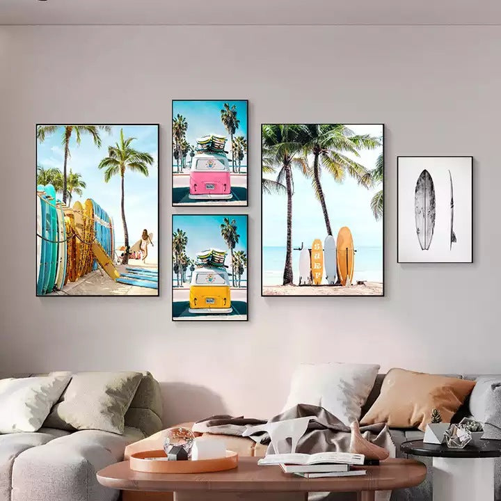 Wall gallery canvas prints with surfboards, palm trees, and camper van artwork