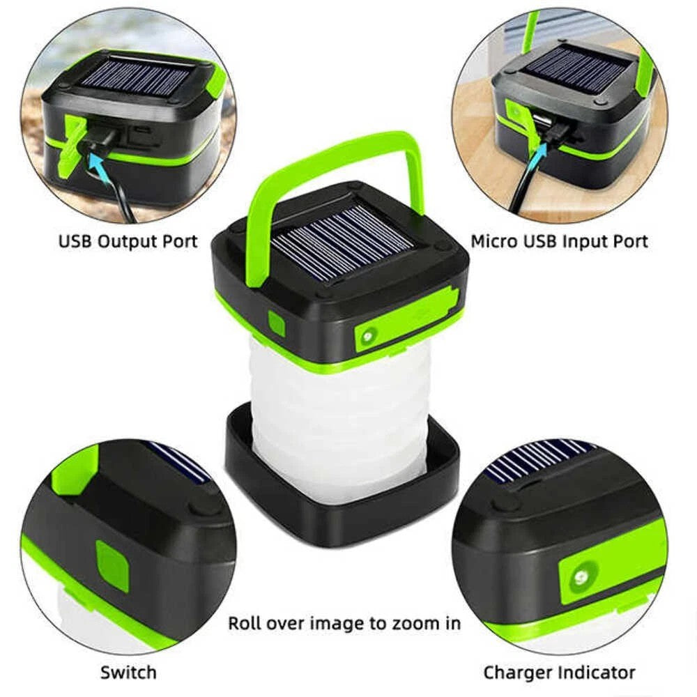 Green and black solar camping lantern with illuminated panel and visible charging ports