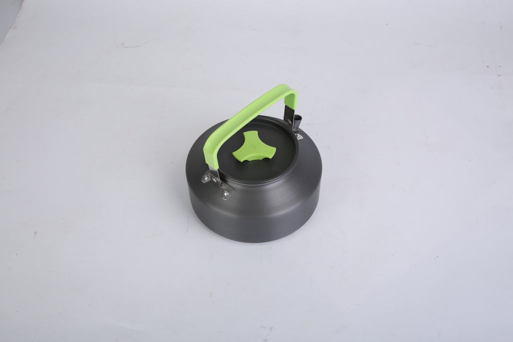Camp kitchen set kettle with green handle and lid