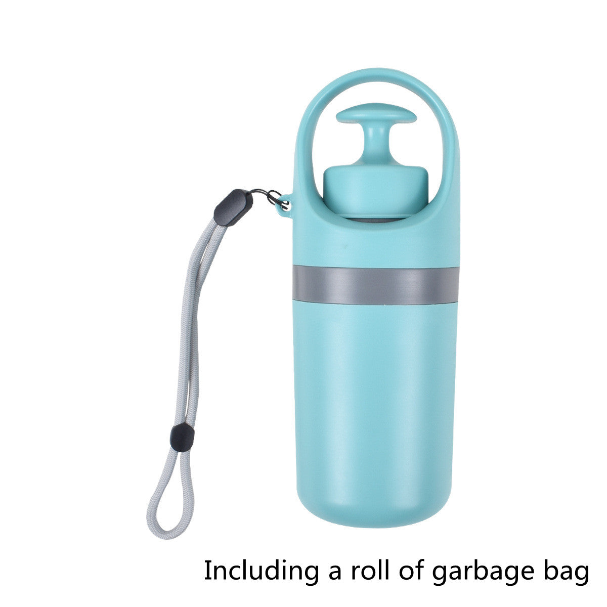 Light blue dog poop bag dispenser with carry handle and strap