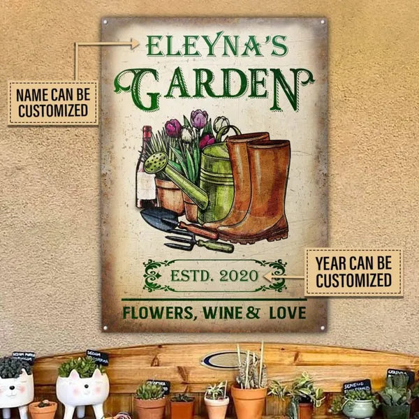 Personalized garden metal sign with flowers, tools illustration, and “YEAR CAN BE CUSTOMIZED” label.
