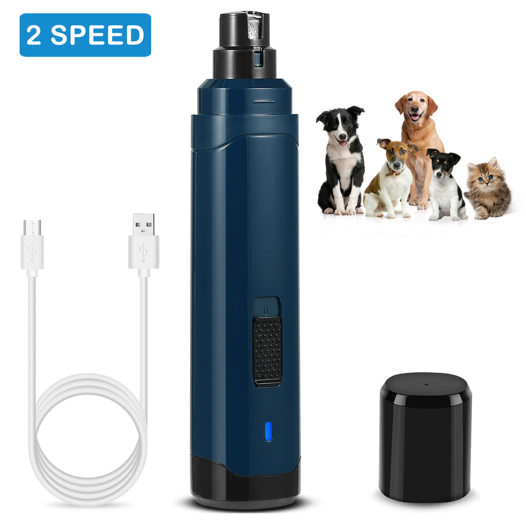 Blue cordless pet nail grinder with black top and textured grip panel