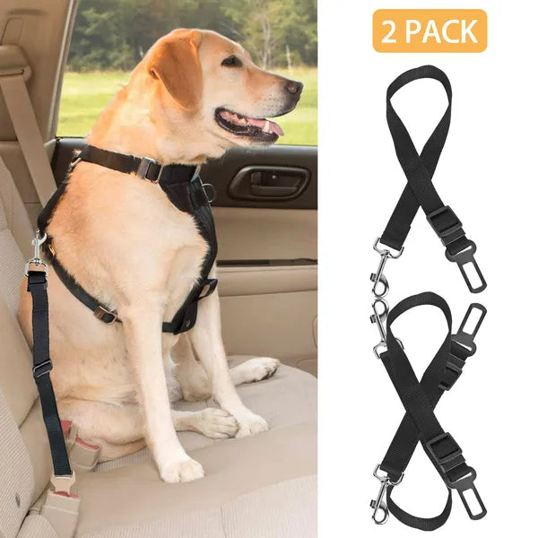 Black adjustable dog seat belt leash harness with metal clips and buckles, 2-pack
