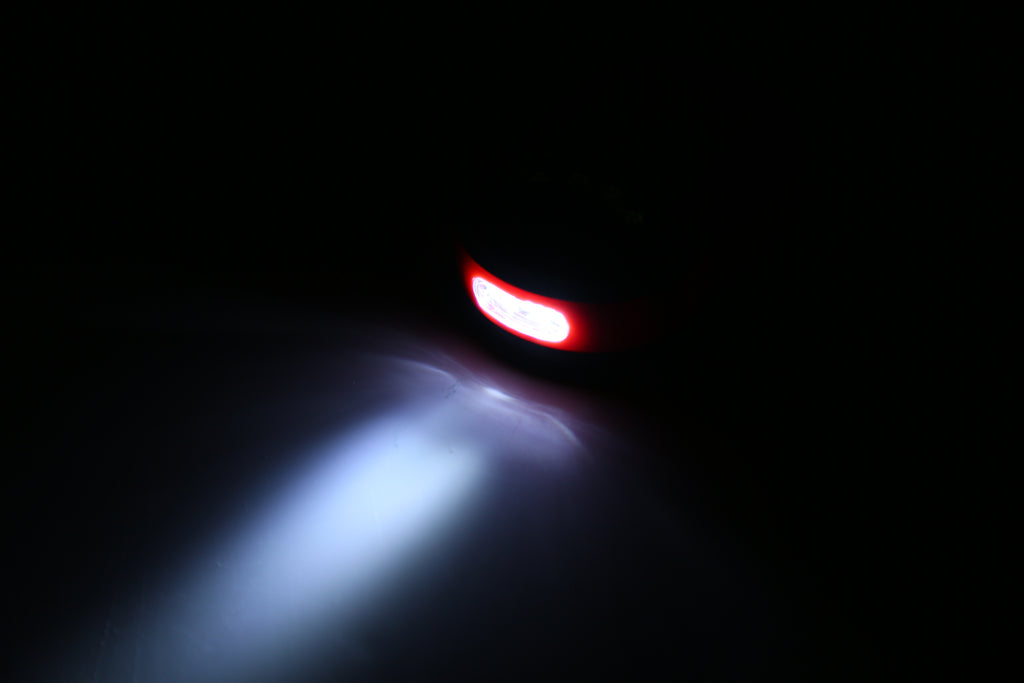 LED work light with red indicator and white beam, red and black casing
