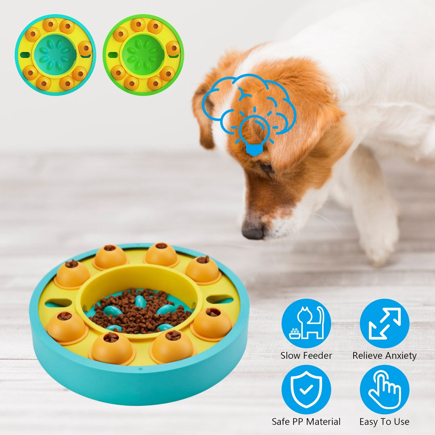 Blue slow-feeder dog bowl with rotating treat compartments and paw-shaped center